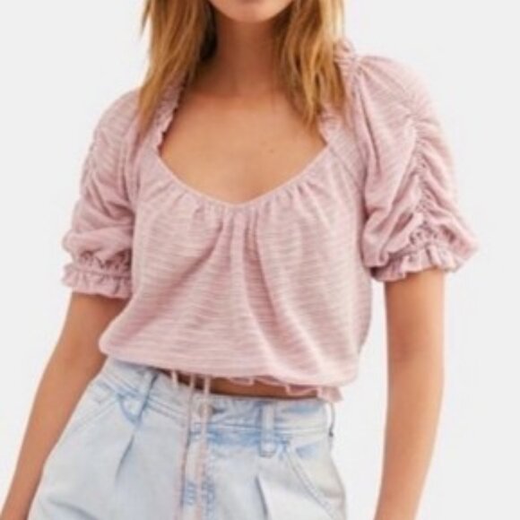 Free People Dorothy Puffy Ruched Sleeve Ruffle Peasant Crop Top Pink Large EUC - Picture 7 of 9